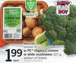 Fortinos BROCCOLI OR PC ORGANICS CREMINI OR WHITE MUSHROOMS 227 G offer