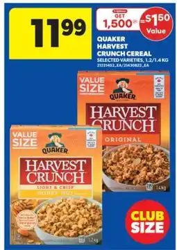 Real Canadian Superstore QUAKER HARVEST CRUNCH CEREAL, 1.2/1.4 KG offer