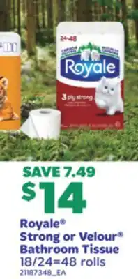 Real Canadian Superstore ROYALE STRONG OR VELOUR BATHROOM TISSUE, 18/24 = 48 rolls offer