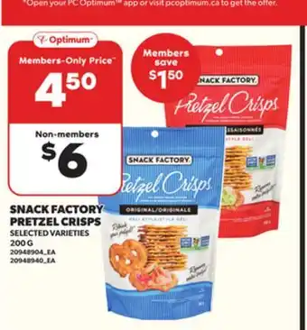 Loblaws SNACK FACTORY PRETZEL CRISPS 200G offer