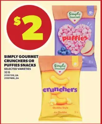 Loblaws SIMPLY GOURMET CRUNCHERS OR PUFFIES SNACKS, 32G offer