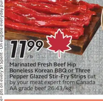 Sobeys Marinated Fresh Beef Hip Boneless Korean BBQ or Three Pepper Glazed Stir-Fry Strips offer