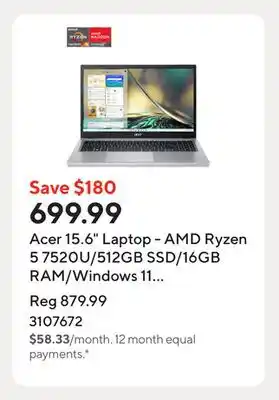 Staples Acer 15.6 Laptop - AMD Ryzen 5 7520U/512GB SSD/16GB RAM/Windows 11 Home offer