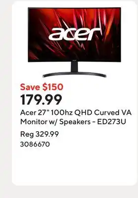 Staples Acer 27 100hz QHD Curved VA Monitor w/ Speakers - ED273U offer