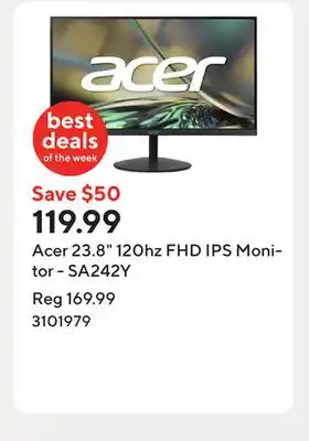 Staples Acer 23.8 120hz FHD IPS Monitor - SA242Y offer