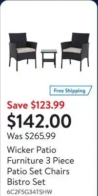 Walmart Wicker Patio Furniture 3 Piece Patio Set Chairs Bistro Set offer