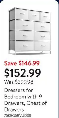 Walmart Dressers for Bedroom with 9 Drawers, Chest of Drawers offer