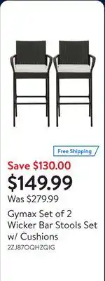 Walmart Gymax Set of 2 Wicker Bar Stools Set w/ Cushions offer