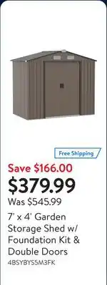 Walmart 7' x 4' Garden Storage Shed w/ Foundation Kit & Double Doors offer