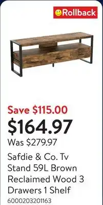 Walmart Safdie & Co. Tv Stand 59L Brown Reclaimed Wood 3 Drawers 1 Shelf offer