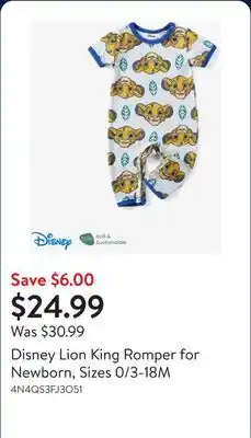 Walmart Disney Lion King Romper for Newborn, Sizes 0/3-18M offer