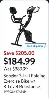 Walmart Soozier 3-in-1 Folding Exercise Bike w/ 8-Level Resistance offer