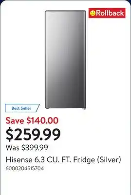 Walmart Hisense 6.3 CU. FT. Fridge (Silver) offer