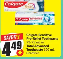 Chalo FreshCo Colgate Sensitive Pro-Relief Toothpaste 73-75 mL or Total Advanced Toothpaste 120 mL offer