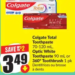 Chalo FreshCo Colgate Total Toothpaste 70-120 mL, Optic White Toothpaste 90 mL or 360° Toothbrush 1 pk offer