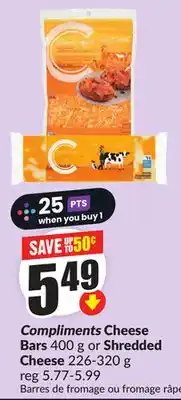 Chalo FreshCo Compliments Cheese Bars 400 g or Shredded Cheese 226-320 g offer