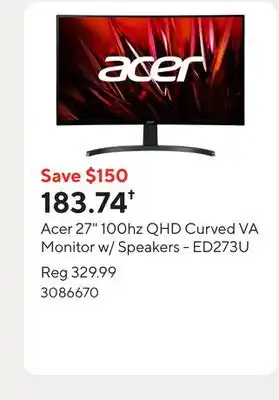 Staples Acer 27 100hz QHD Curved VA Monitor w/ Speakers - ED273U offer