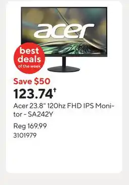 Staples Acer 23.8 120hz FHD IPS Monitor - SA242Y offer