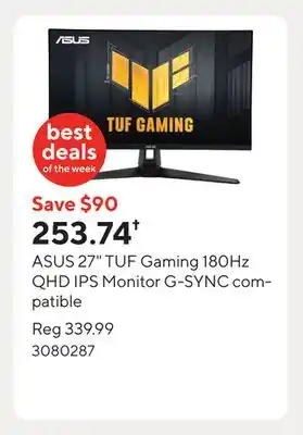 Staples ASUS 27 TUF Gaming 180Hz QHD IPS Monitor G-SYNC compatible offer