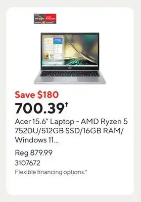 Staples Acer 15.6 Laptop - AMD Ryzen 5 7520U/512GB SSD/16GB RAM/Windows 11 Home offer