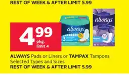 Rexall ALWAYS Pads or Liners or TAMPAX Tampons offer