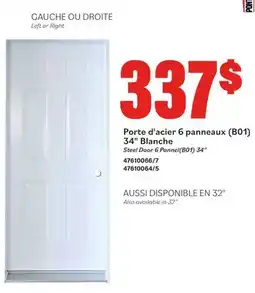 Matériaux Pont Masson Steel Door 6 Pannel(B01)32/34 - Right - White offer