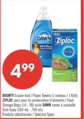 Pharmaprix BOUNTY Paper Towels (1 Roll), ZIPLOC Food Storage Bags (14 - 90) or DAWN Dish Soap (366 mL - 709 mL) offer