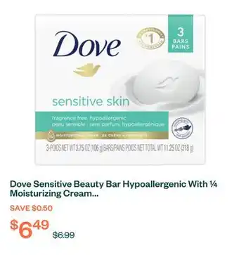 Voilà Dove Sensitive Beauty Bar Hypoallergenic With ¼ Moisturizing Cream 3 x 106 g offer