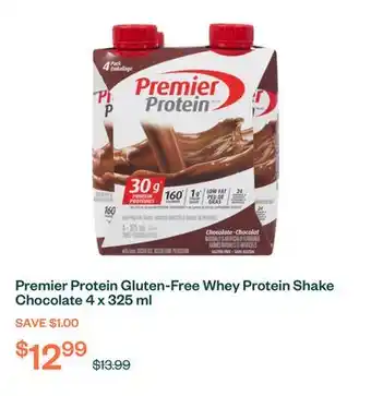 Voilà Premier Protein Gluten-Free Whey Protein Shake Chocolate 4 x 325 ml offer