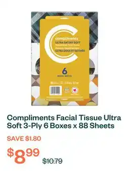 Voilà Compliments Facial Tissue Ultra Soft 3-Ply 6 Boxes x 88 Sheets offer