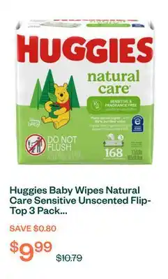 Voilà Huggies Baby Wipes Natural Care Sensitive Unscented Flip-Top 3 Pack 168 count offer