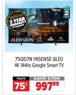 2001 Audio Video 75QD7N HISENSE 75 QLED 4K 144hz Google Smart TV offer