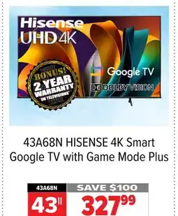 2001 Audio Video 43A68N HISENSE 43 4K Smart Google TV with Game Mode Plus offer