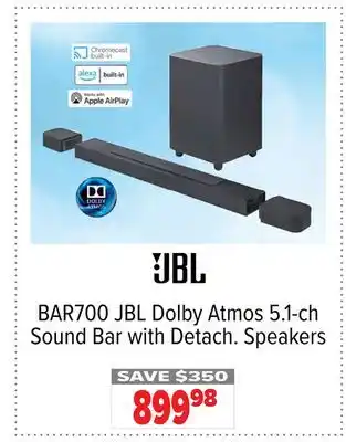 2001 Audio Video BAR700 JBL Dolby Atmos 5.1-ch Sound Bar with Detach. Speakers offer