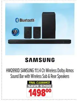 2001 Audio Video HWQ990D 11.1. 4 Ch Wireless Dolby Atmos Sound Bar with Wireless Sub & Rear Speakers offer