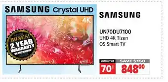 2001 Audio Video UN70DU7100 SAMSUNG 70 UHD 4K Tizen OS Smart TV offer