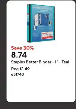 Staples Staples Better Binder - 1 - Teal offer