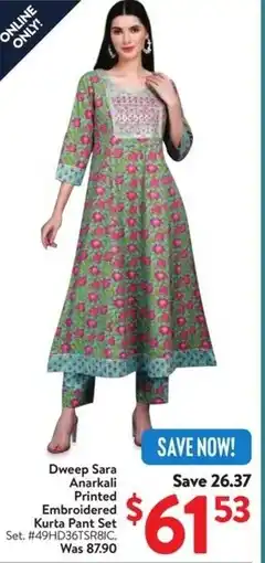 Walmart Dweep Sara Anarkali Printed Embroidered Kurta Pant Set offer