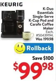 Walmart Keurig k-duo essentials single-serve k-cup pod and carafe coffee maker offer