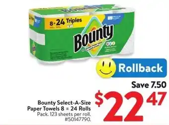 Walmart Bounty Select-A-Size Paper Towels 8 = 24 Rolls offer