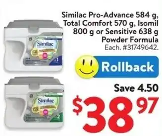 Walmart Similac Pro-Advance, Total Comfort, Isomil or Sensitive offer