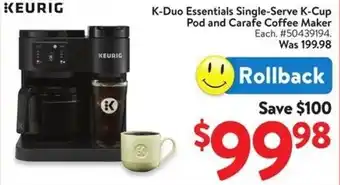 Walmart Keurig K-Duo Essentials Single-Serve K-Cup Pod and Carafe Coffee Maker offer