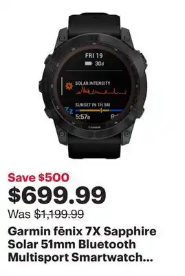 Best Buy Garmin fēnix 7X Sapphire Solar 51mm Bluetooth Multisport Smartwatch - Black/Titanium Back offer