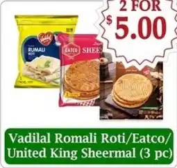 Atiya's Fresh Farm Vadilal Romali Roti/Eatco/ United King Sheermal offer