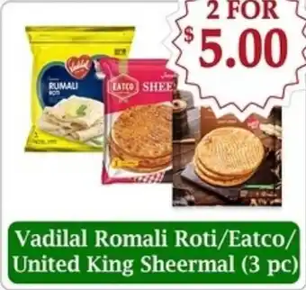 Atiya's Fresh Farm Vadilal Romali Roti/Eatco/ United King Sheermal offer