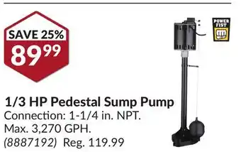 Princess Auto 1/3 HP Pedestal Sump Pump offer