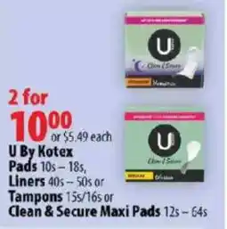 London Drugs U By Kotex Pads, Liners or Tampons or Clean & Secure Maxi Pads offer