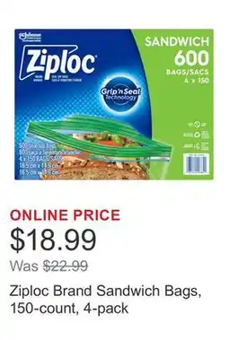 Costco Ziploc Brand Sandwich Bags, 150-count, 4-pack offer