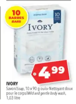 Familiprix IVORY Soap, 10 x 90 g or Mild and gentle body wash, 1.03 litre offer