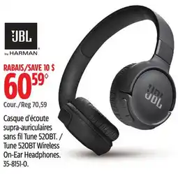 Canadian Tire JBL, Tune 520BT Wireless On-Ear Headphones offer